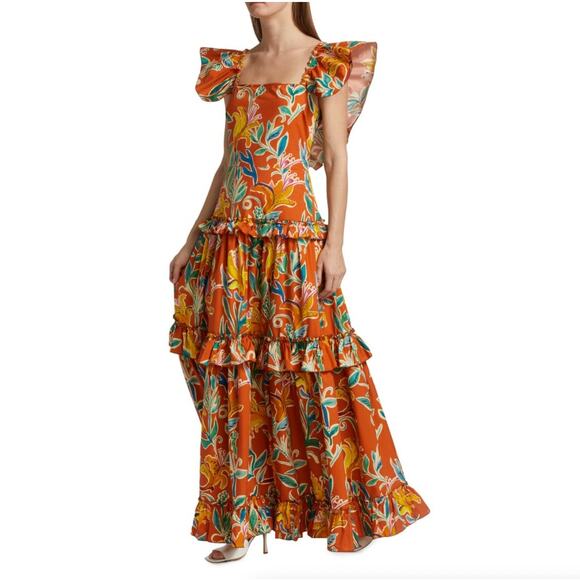 LA DOUBLEJ Scarlett Floral Tiered Maxi Dress Lily Orange Floral Sz XL {KK21} - Picture 4 of 14